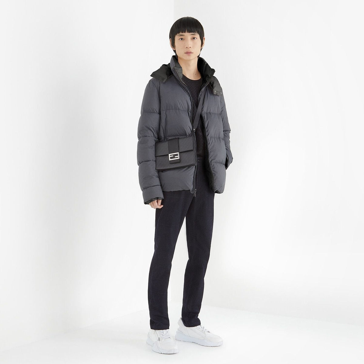 Fendi Grey Hooded Baffled Puffer Jacket — context